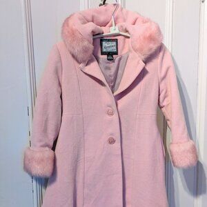 Vintage Rothschild 5T Kids Fancy Fur Long Coat Pink Hood Wool
